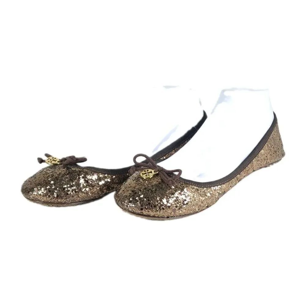 TORY BURCH Women's US 10M Bronze Glitter Logo Bow Slip On Ballet Flats